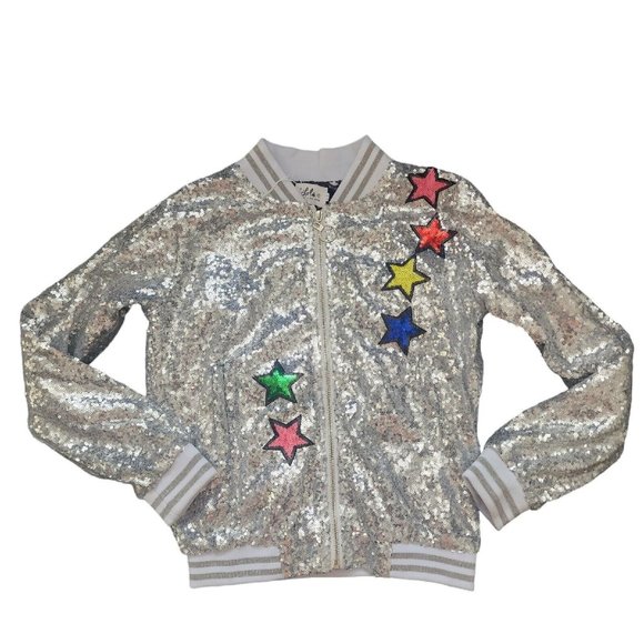LOLA AND THE BOYS Unicorn Sequin Bomber Jacket Girls Size 14 Silver + Rainbow - Picture 1 of 5
